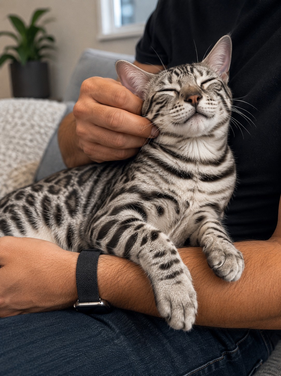 chat bengal silver qui ronronne sur le genoux de son maitre